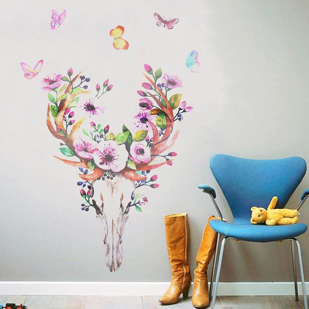 Removable Wall Sticker Sika Deer Butterfly Flower Animal Mural Decal Home Decor - intl