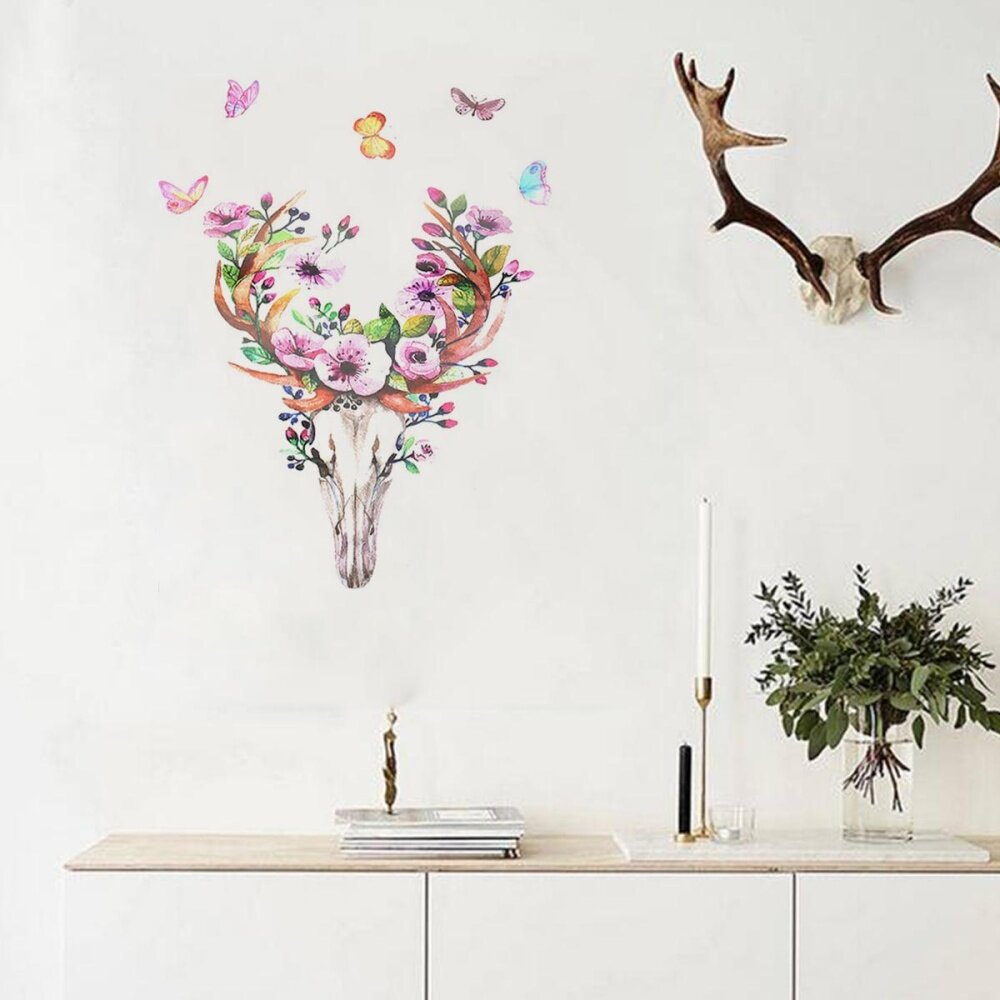 Removable Wall Sticker Sika Deer Butterfly Flower Animal Mural Decal Home Decor - intl