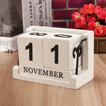 Retro White Wooden Perpetual Calendar Manual Wood Block Small Desk Retro White Wooden Perpetual Calendar