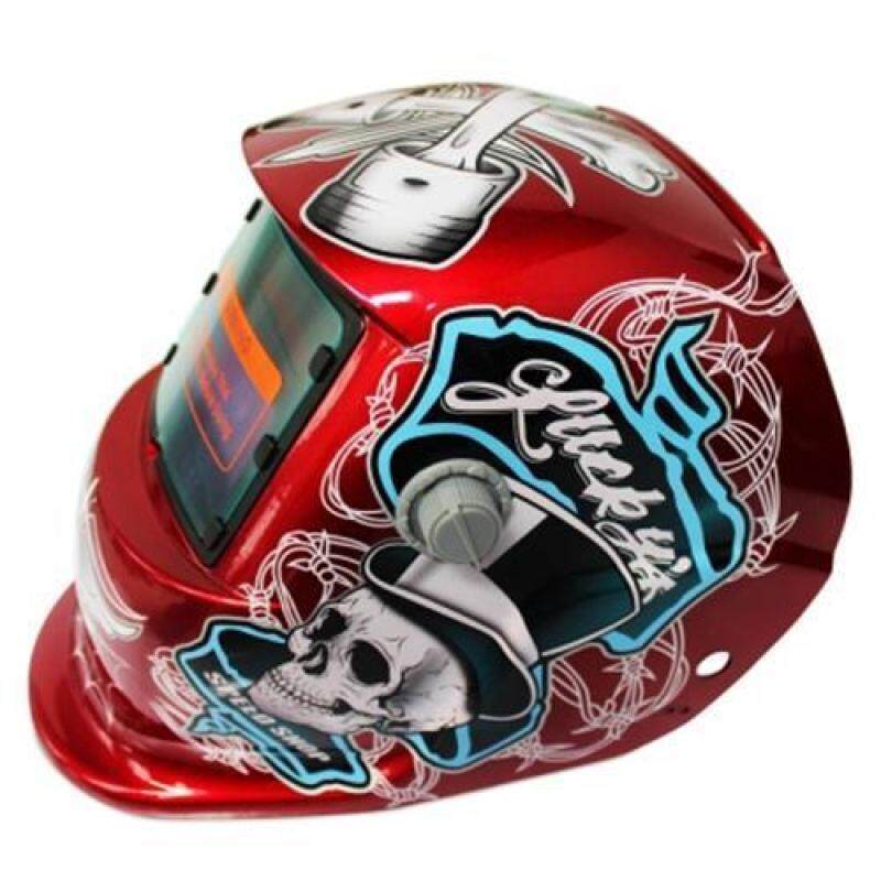 SOLAR ENERGY AUTOMATIC CHANGEABLE LIGHT ELECTRIC WELDING PROTECTIVE HELMET WITH PIRATE PATTERN (RED), Red
