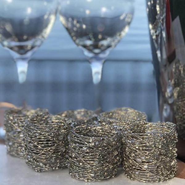 Perak Asap Crystal Beaded Cincin Serbet, Set 6, Handcrafted, Twisted Wire, Bugle dan Manik-manik Biji, Kira-kira. 2 Inch D Masing-masing, Keseluruhan 7 1/2 Inch T Ditumpuk Dalam Drawstring Pouch, Oleh Seluruh Dunia Rumah-Intl