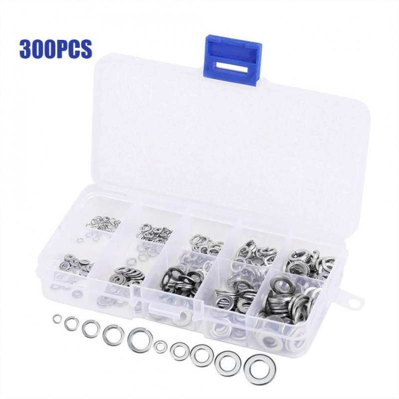 JinGle 300pcs M2~M6 Stainless Steel Flat & Spring Washers Assortment Set