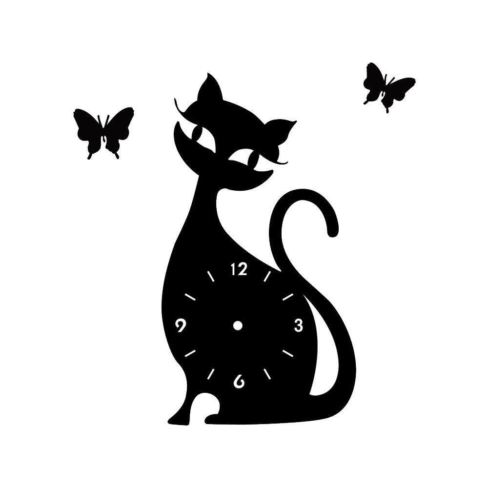 Umiwe New Trendy 3d Diy 4 Colors Wall Decals Stickers Cat Butterfly Shaped Living Room Home Interior Deco Wall Clock - intl