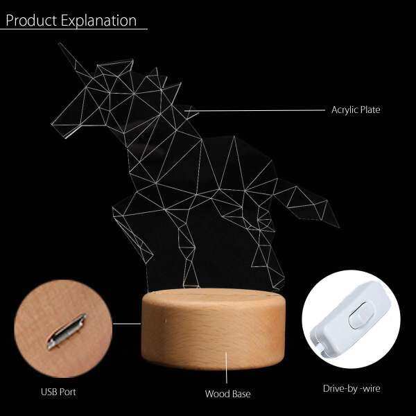 Unicorn 3D LED USB illusion Night Light Wood Base Acrylic Table Desk Lamp Gift