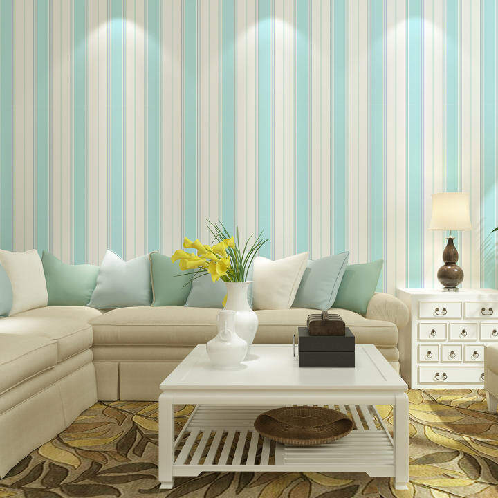Vertical stripes imported non-woven wallpaper modern minimalist living room bedroom den American pure paper wallpaper light blue
