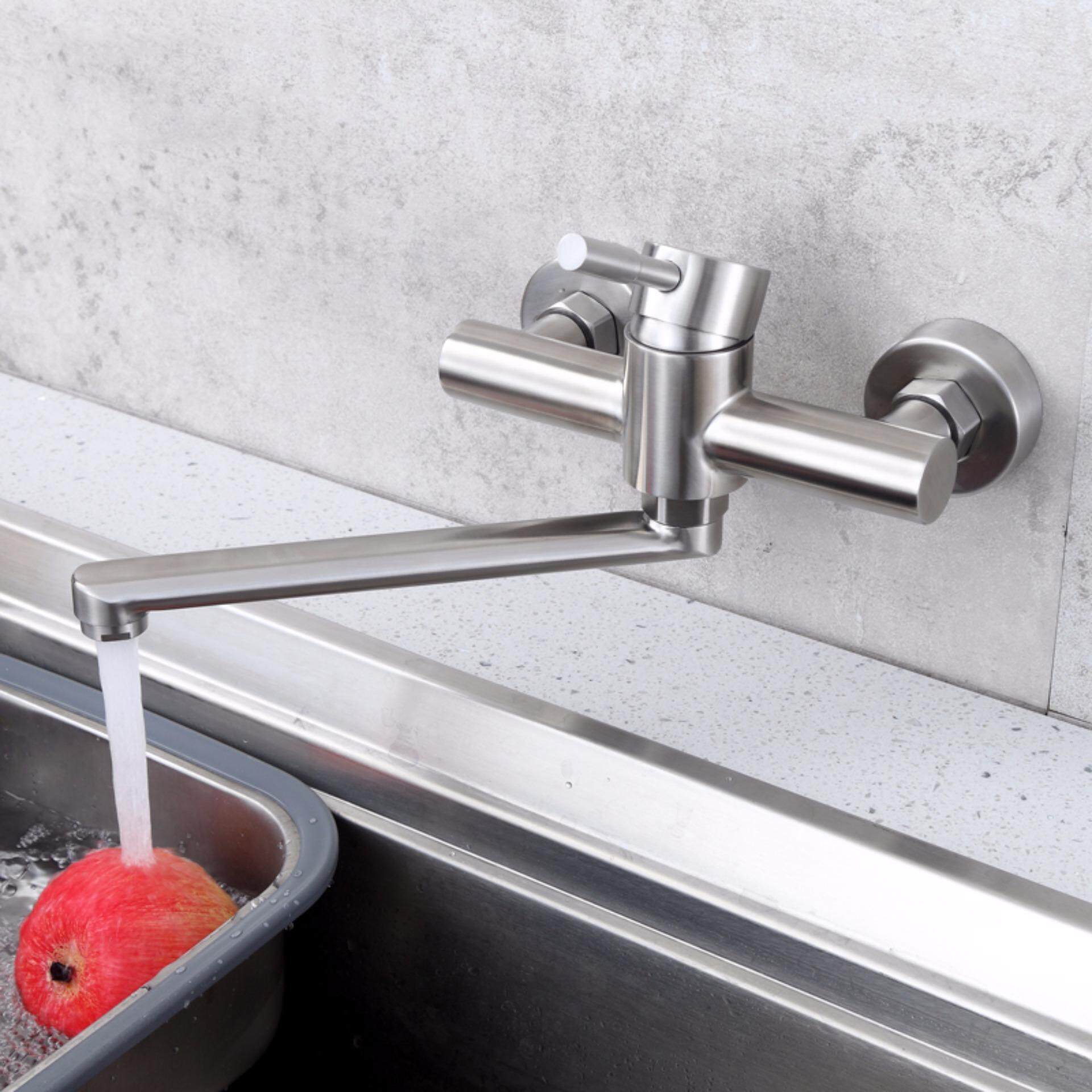 Wall Mounted Kitchen Sink Mixer Long Style Rotate Hot Cold Faucet Stainless Steel Brushed