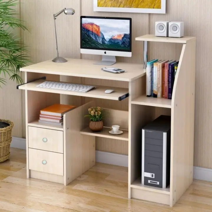 Wooden Computer Desk With Shelves Double Drawers Almond Lazada