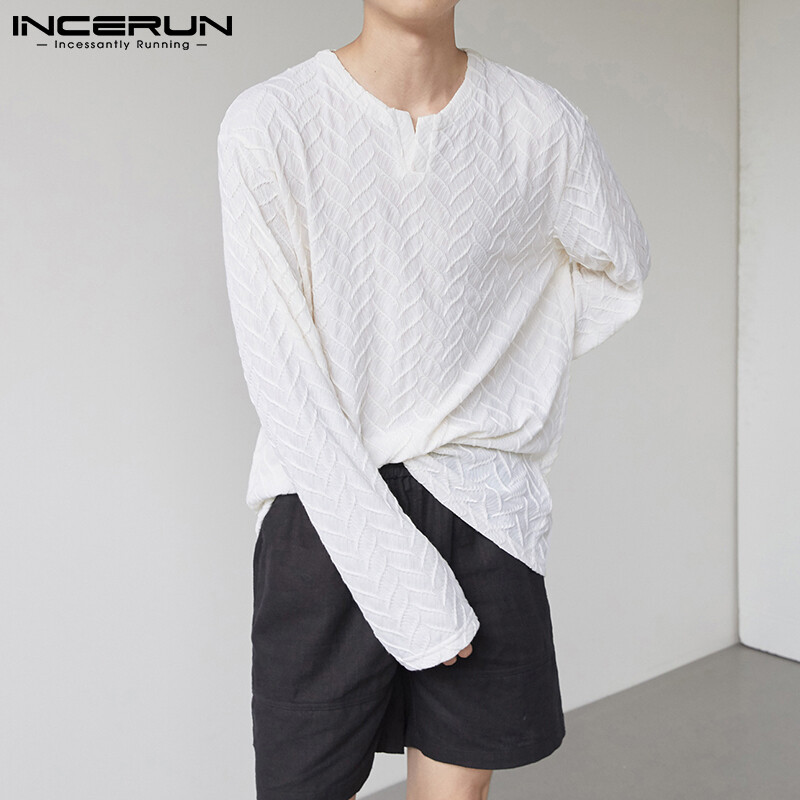 Incerun mens casual basic tee long sleeve v neck t-shirts loose holiday plain office tee tops