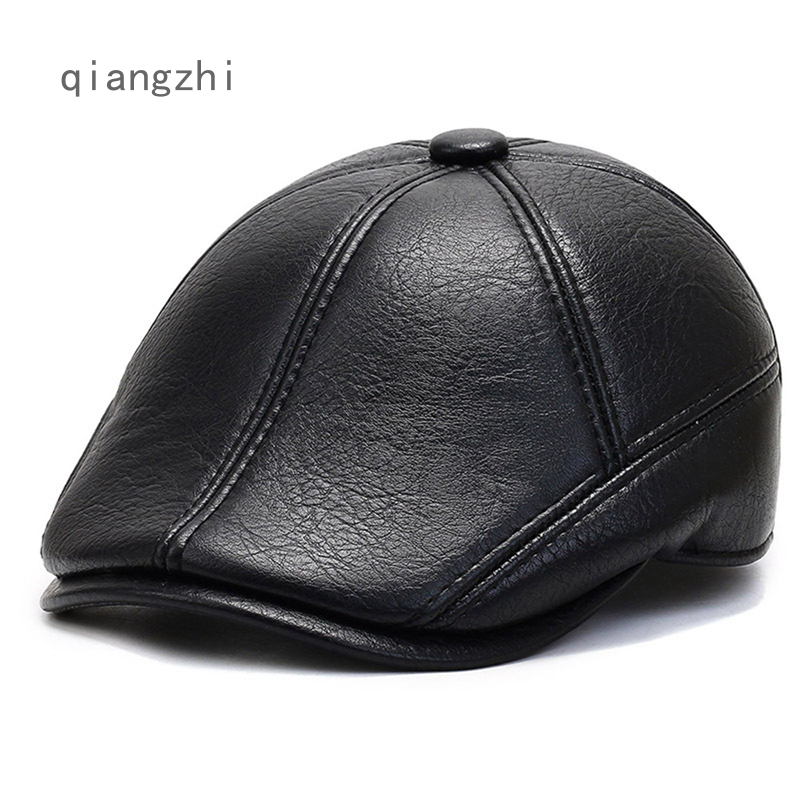 QZH Men's Outdoor PU Leather Beret Hat Winter Warm Berets Male Warm Ear Protection Dad Hat