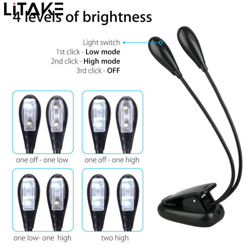 LITAKE Clip-on Led Light 2pcs Arms Multipurpose Adjustable Dimmable Rechargeable Super Bright Reading Lamp
