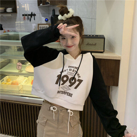 HengShanYuan Thin sweatshirt women's hooded print stitching double cap