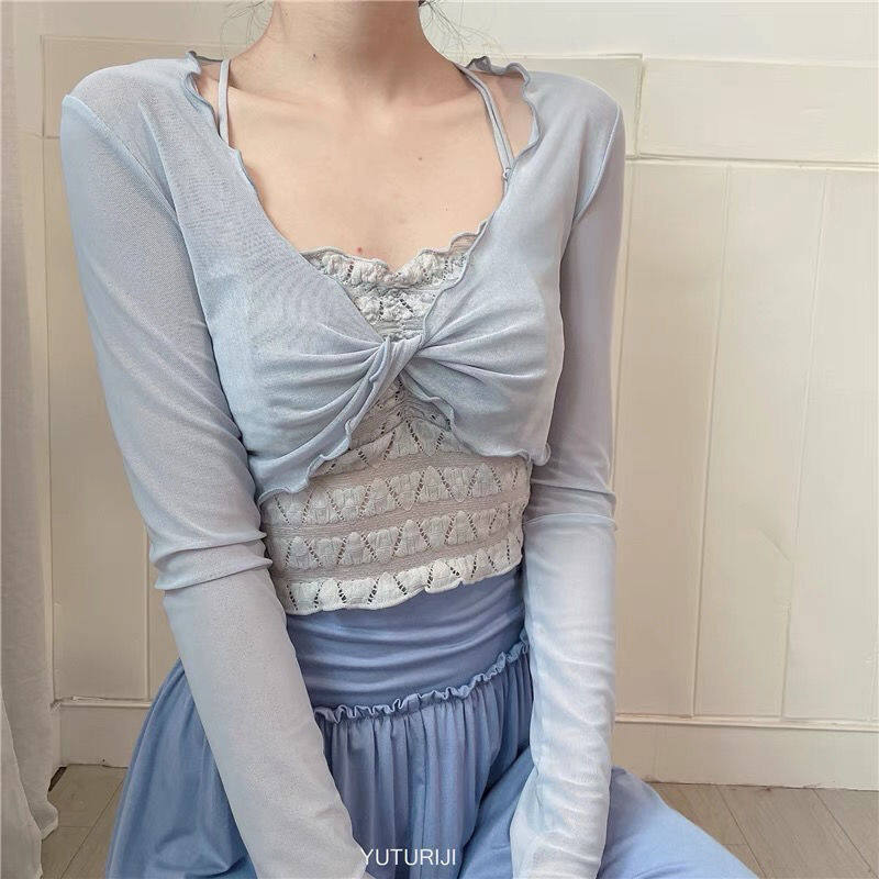 Kink See-through Mesh Long-sleeved Bottoming Shirt T-shirt Top