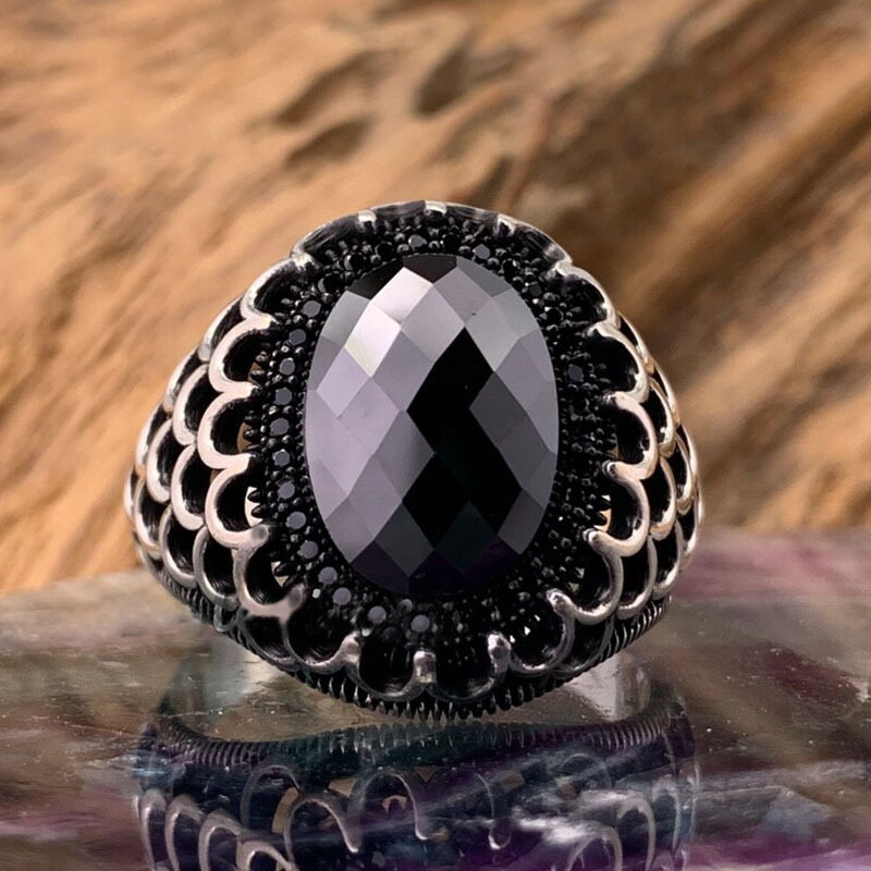 Mens Black Oval Rhinstone Stone Statement Ring Punk Hip Hop Hollow Out Alloy Band Rings
