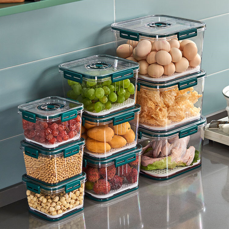 With cover and drain board Storage Box Kitchen Refrigerator Food Preservation Box Transparent Kitchen Storage |Pantry and Refrigerator Organizer Bins for Kitchen and Cabinet Storage | Stackable Food Bins | BPA FREE Fridge and Freezer Containers