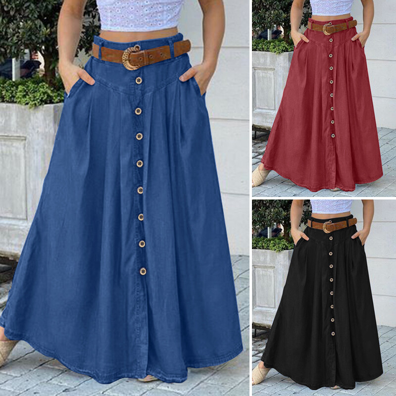 ZANZEA Womens Pleated Button Down Skirts A Line Flare Swing Solid Long Maxi Skirts