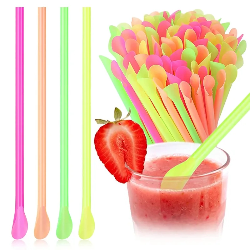 100pcs Plastic Drinking Straws Spoon Colorful Disposable Tea Tools Straw Eco Friendly Washable Bar Party Drink Accessories
