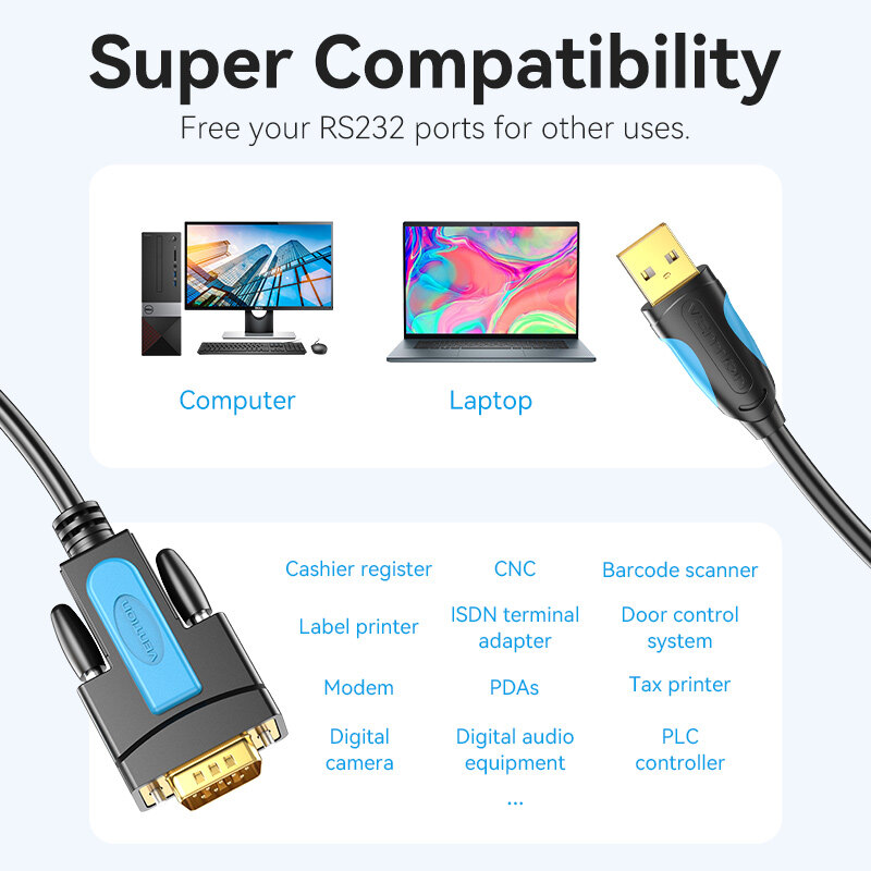 Vention USB để RS232 Bộ chuyển đổi nối tiếp tương thích với Windows 8/8.1/10/11 MacOS Linux kết nối máy tính máy in