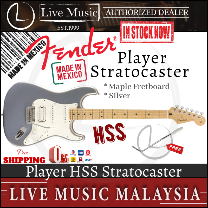 Fender Player HSS Stratocaster Electric Guitar, Maple Fretboard - Silver Malaysia