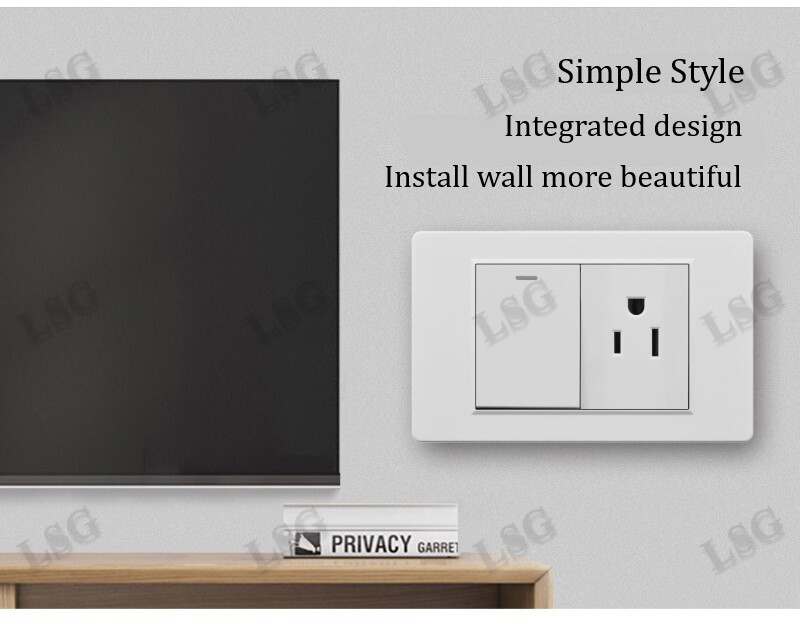 【LSG】Type 118mm wall switch outlet socket 3 pin US standard socket with 1 gang 2 way light switch Panel PC flame retardant 250V 15A Household Safety Universal outlet