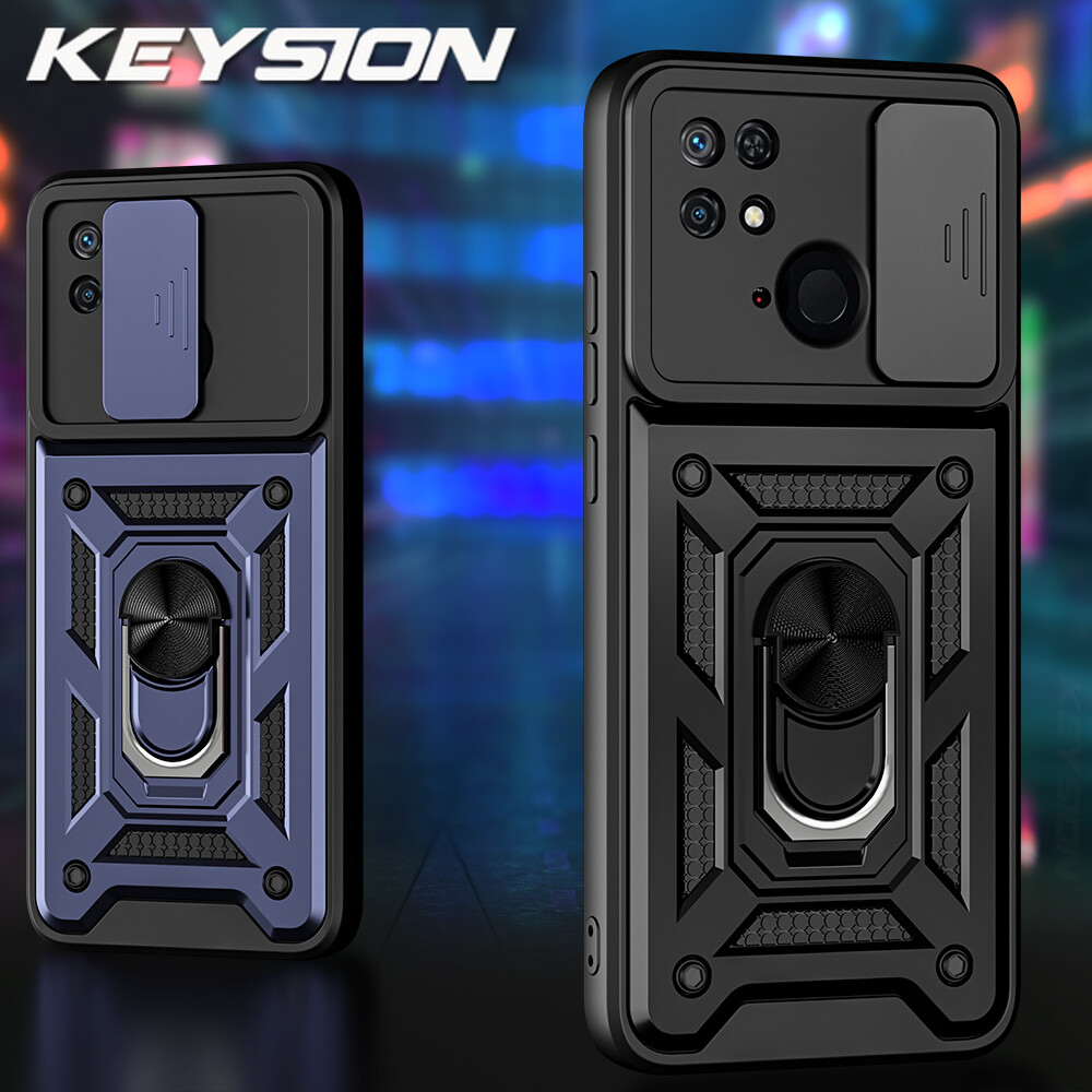 KEYSION Ốp Chống Sốc Cho Xiaomi Redmi 10C Vòng Bảo Vệ Máy Ảnh Kéo Đẩy Ốp Lưng Điện Thoại Giá Đỡ Cho Redmi 10A