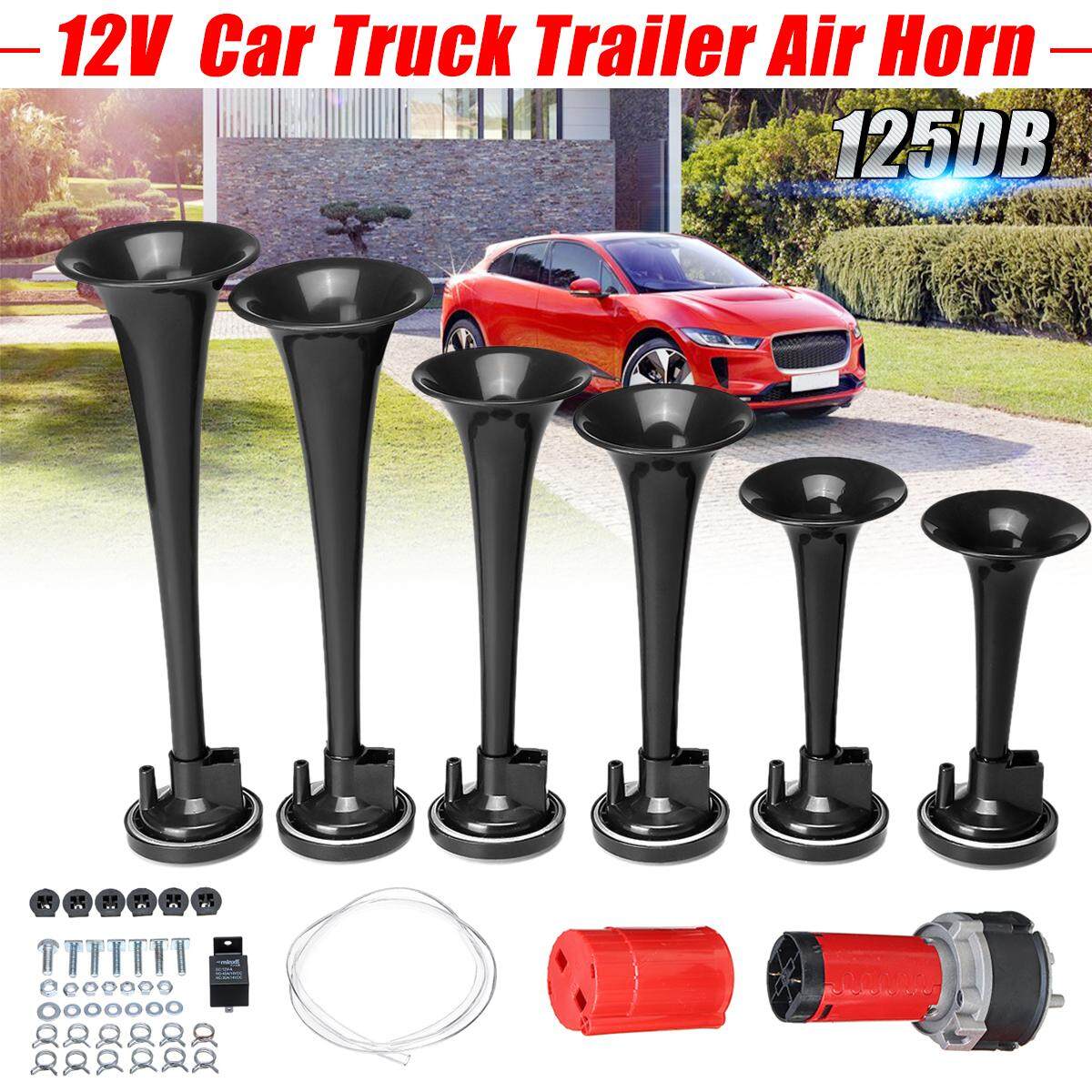 【Free Pengiriman + Flash Deal】125db 6 Terompet Trailer Mobil Truk Bel Udara Kit Keras Musik Suara 12 V Hitam