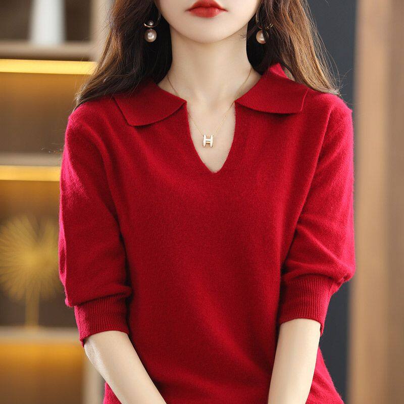 Áo Len Chui Đầu Màu Trơn Cổ Chữ V Thời Trang Quần Áo Nữ Áo Thun Dệt Kim Áo Thường Ngày Tay LửNg Áo Dệt Kim Cơ Bản Dáng Rộng Cho Nữ