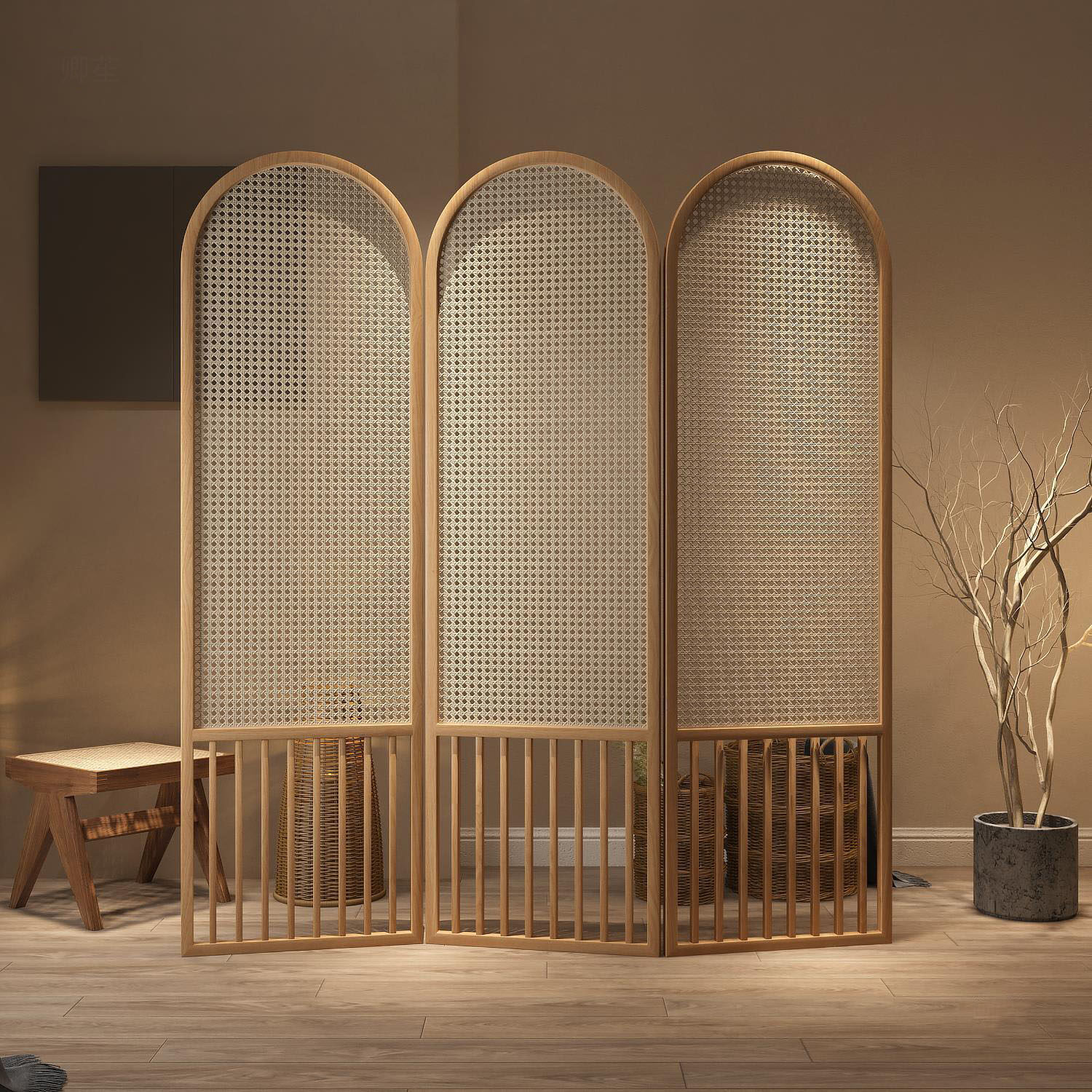 3 Panels Solid Wood&Rattan Room Divider Wood Partition Room Dividers