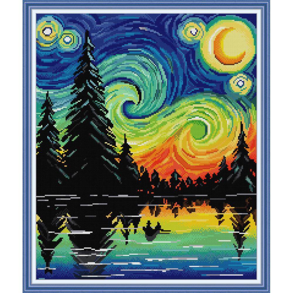 Cross Stitch Complete Set with Materials Starry sky Pattern Needlework Sets Beginners Printed Fabric Joy Sunday 11CT 14CT DIY Hand Embroidery Patterns Kit