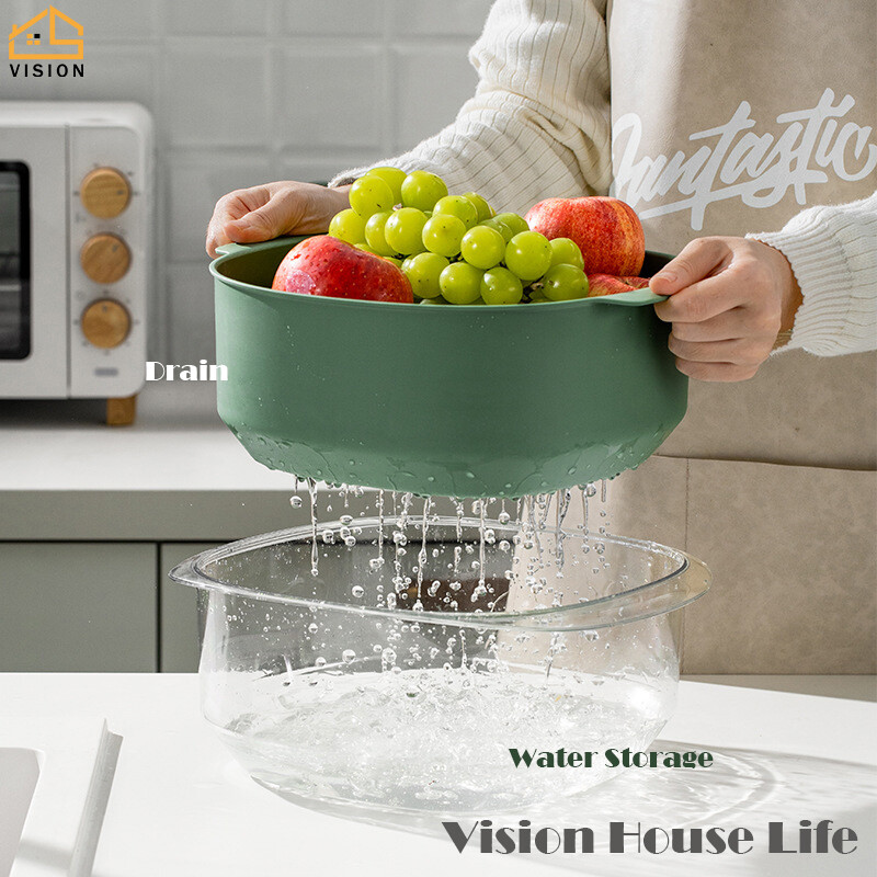 Vision Double Layer Vegetable Washing Basin Drain Basket Multi-Functional Detachable Drainage Basket Bowl Household Plastic Fruit Basket Kitchen Storage Strainer Leakage Filter Basket
