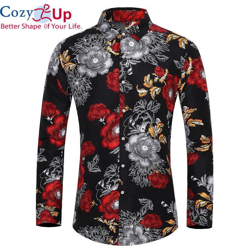 Cozy Up Many styles men long-sleeved shirt fashion rose plant flower printed shirt Hawaii leisure vacation