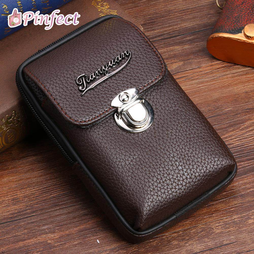 [Pinfect] Fashion Men Retro Litchi Pattern Wallet PU Leather Purse Belt Bag Solid Color Card Holder Zipper Casual Clutch Bags Father Boyfriend Gifts