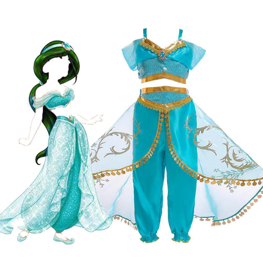 Aladdin Jasmine Princess Costume For Teen Girl Set Halloween Kid Sequin Sling Top+Lace Trouser Suit Vetement Enfant Fille