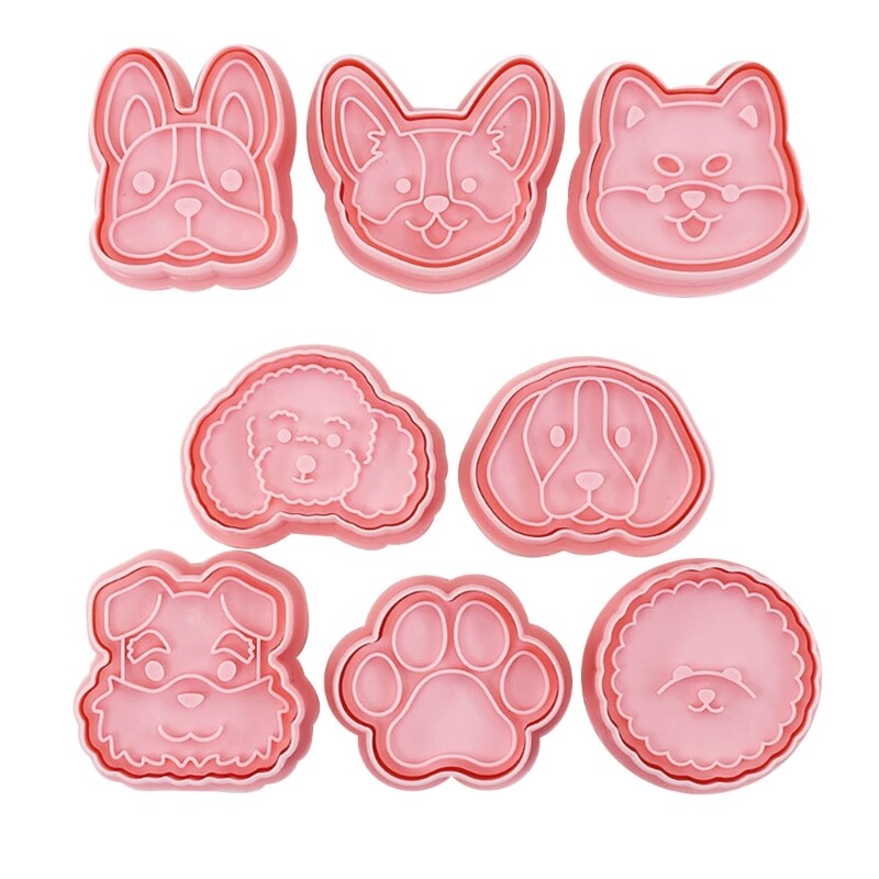 8Pcs Cute Dogs Head Pattern Cookie Cutters Set Cartoon Pressable Biscuits Mold Plastic Cookie Stamps DIY Baking Tool