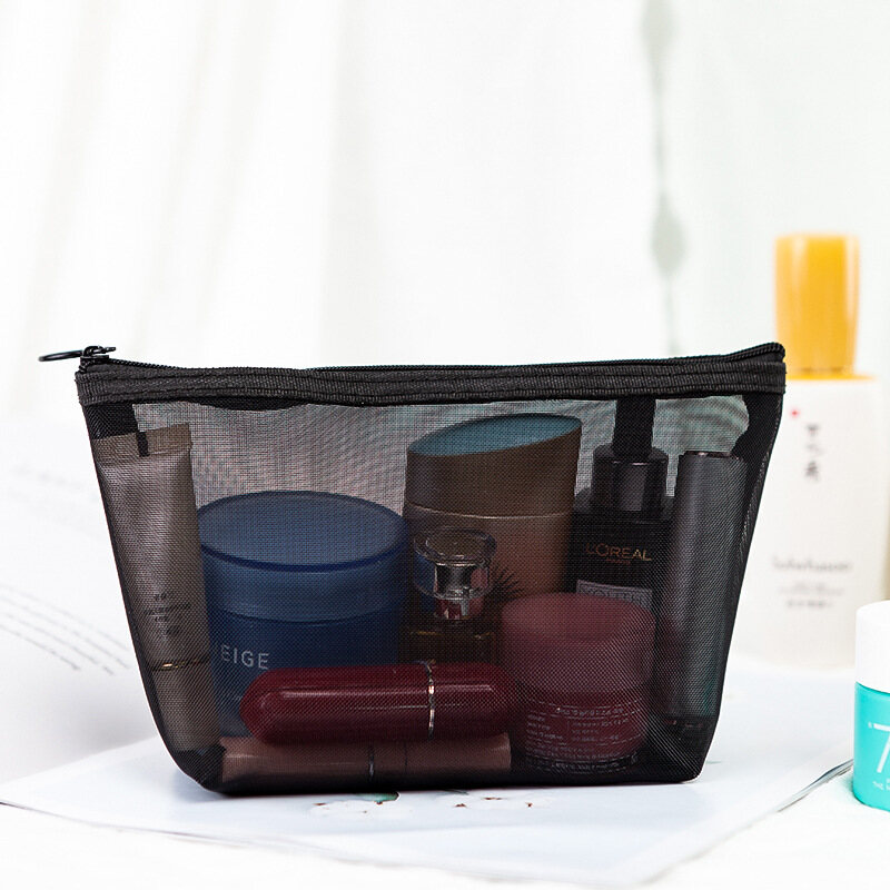 Ins Black Transparent Mesh Cosmetic Bag Multifunctional Travel Wash Bag Portable Mesh Zipper Storage Bag