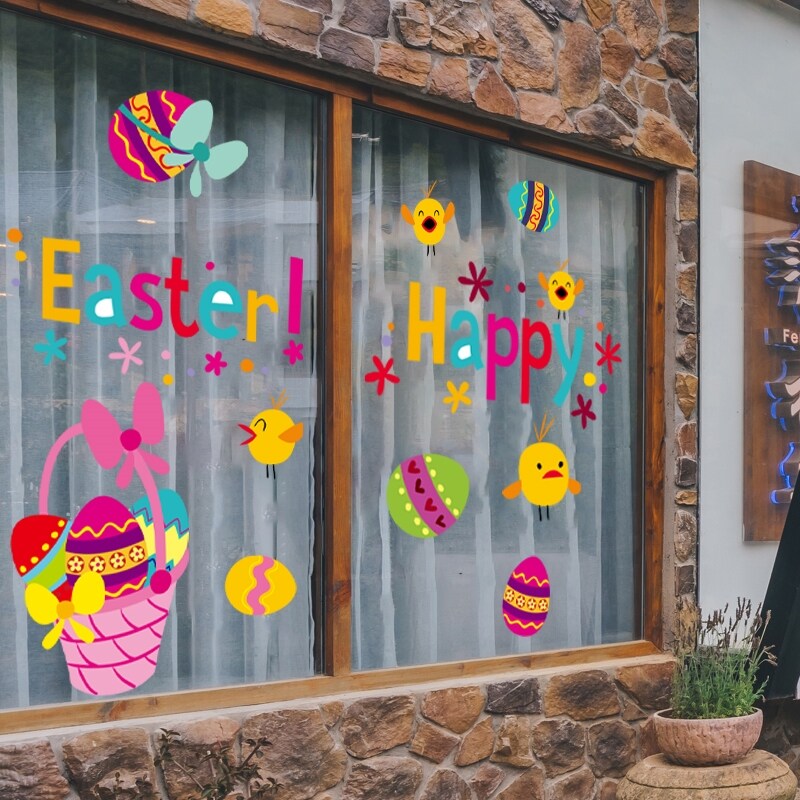 【HOT】 Happy Easter Window Stickers Rabbit Eggs Chick Wall Stickers Easter Decorations for Home 2022 Easter PartyWall Decals