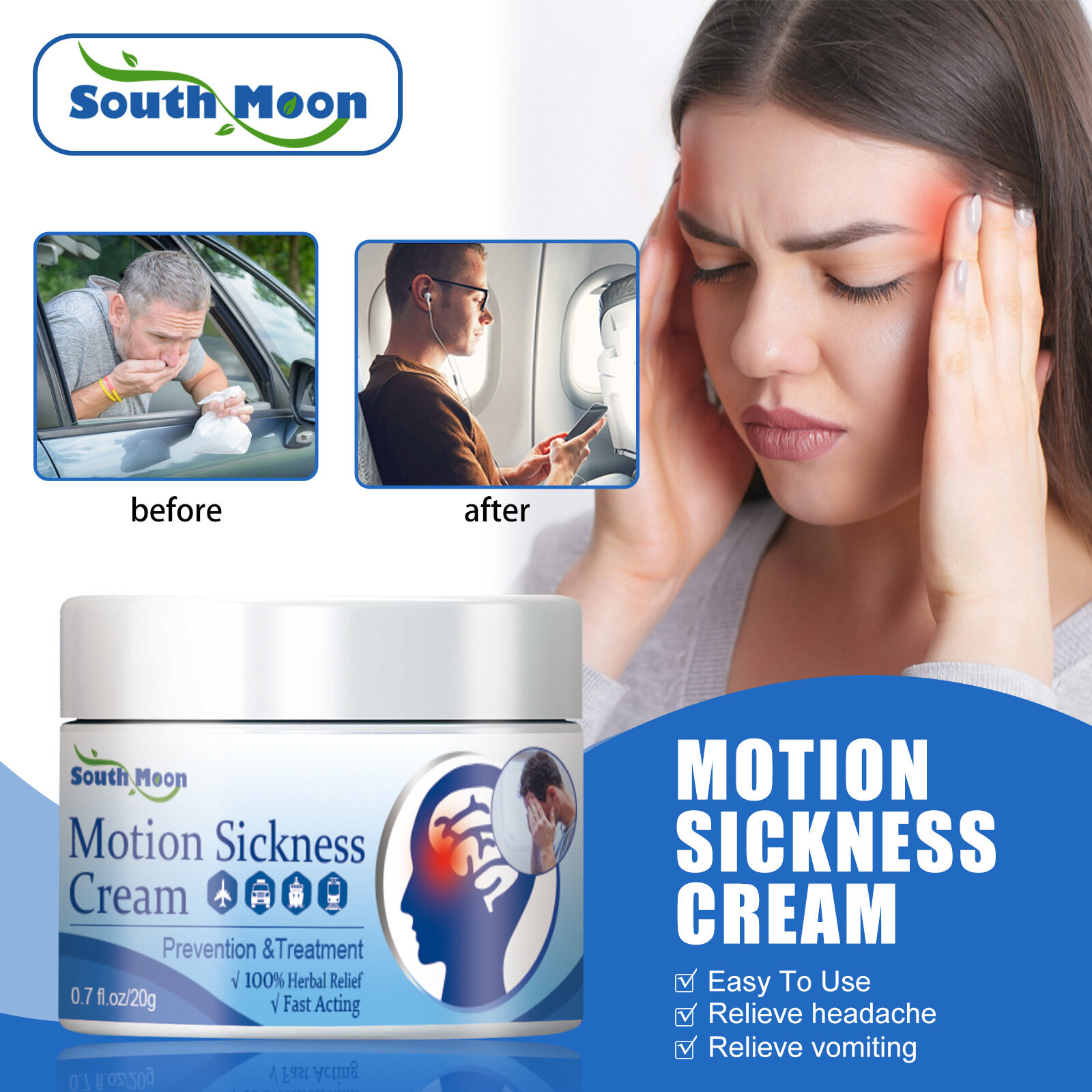 South Moon Motion Sickness Cream Headache Herbal Balm Dizziness Stress Relief Plaster Seasickness Ointment Refreshing Brain And Body Care Anti Motion Herbal Plaster Balm For Motion Sickness Crowd Adults Children Safe Herbal Ingredients