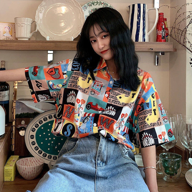 Women Loose Thin Shirt Print Mid-length Retro Contrast Color Sunscreen Top