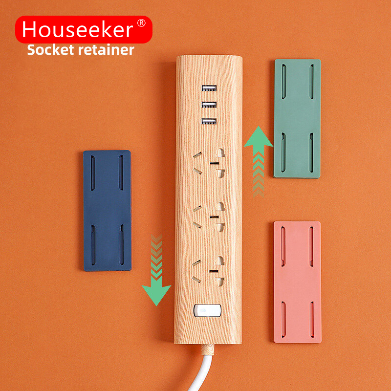Houseeker Wall-Mounted Sticker Plug-in Board Home Self-Adhesive Socket Fixer Cable Wire Organizer Power Strip Holder Socket Holder