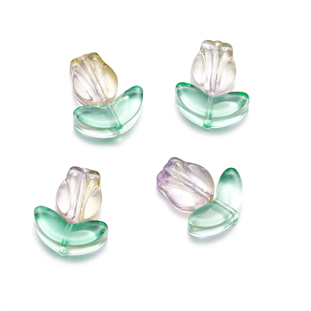 St.kunkka 20pcs Three-Dimensional Tulip Flower Beads Transparent Glass Beads Tulip Shape Beads with Leaves Flower Beads For DIY Beaded Bracelet Necklace
