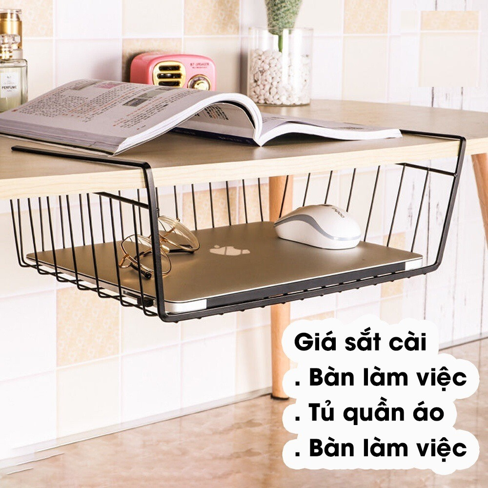 Kệ sắt treo gầm bàn đa năng đựng sách, đựng đồ cá nhân, khay lưới sắt để đồ dưới bàn học 31x22x12 cm