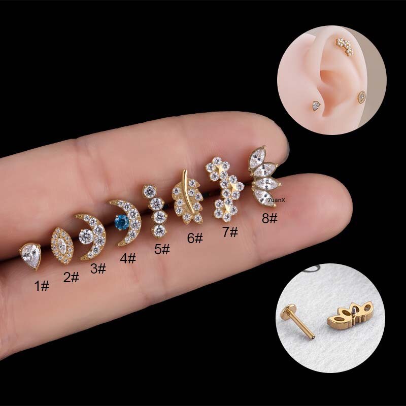 1 Piece G23 Titanium Internal Internally Thread Labret Lip Stud Mmon Leaf Crown Shape Helix Cartilage Pinna Piercing 16Gauge