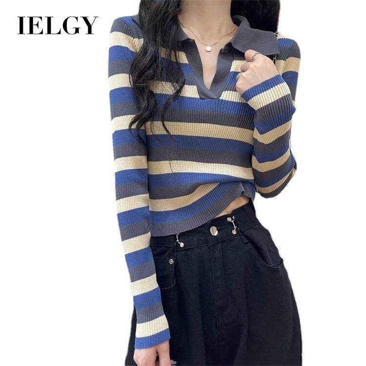 IELGY women's striped lapel long sleeve knitted T-shirt