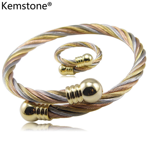 Kemstone Fashion Tricolor Woven Stainless Steel Wire Adjustable Bracelet Ring for Women