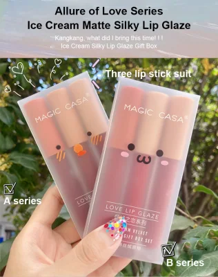 Leach【Ready Stock】 MAGIC CASA Three-piece Lip Glaze Lipstick Matte Nonstick Cup Not Fade Velvet Matte Lip Glaze Set