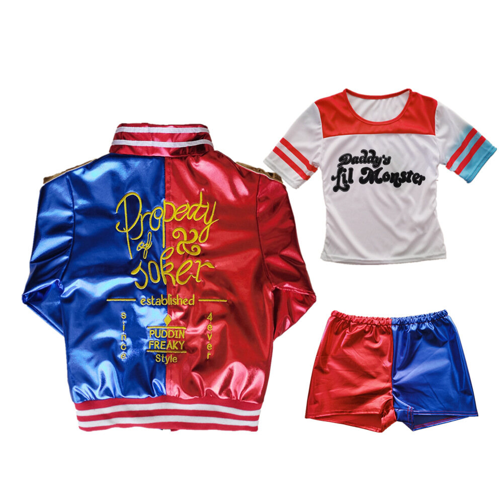 Kid Girl Suicide Squad Harley Quinn Costume Children Villain Joker Embroidery Leather Coat Shorts Top Glove Full Suits Children's Day Stage Cstumes