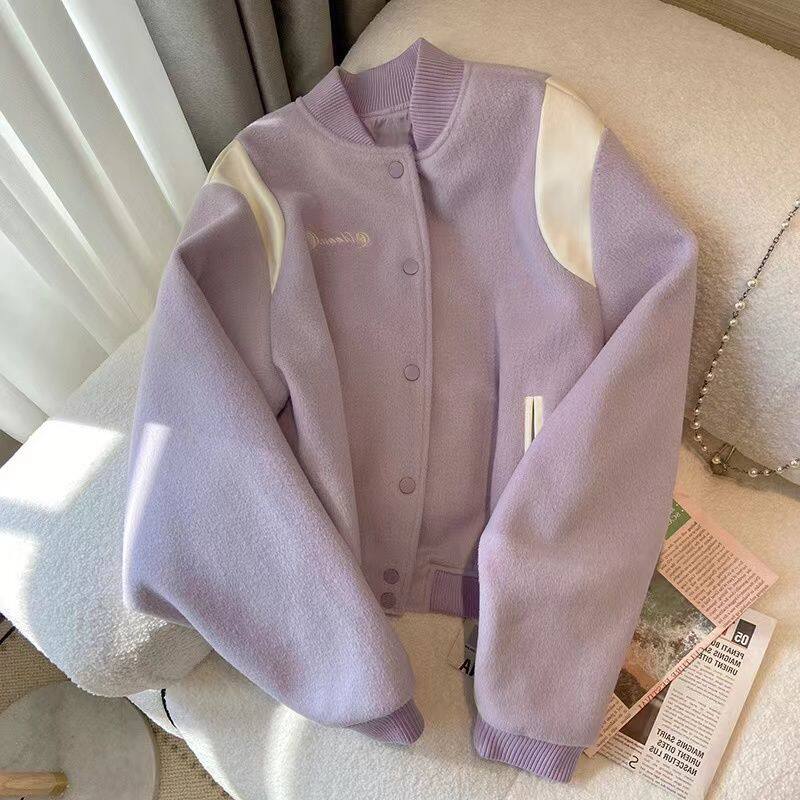 Fall Winter 2023 New Patchwork Jacket Jacket Women's Loose Vintage Baseball Uniform Solid Color Casual Female Coat