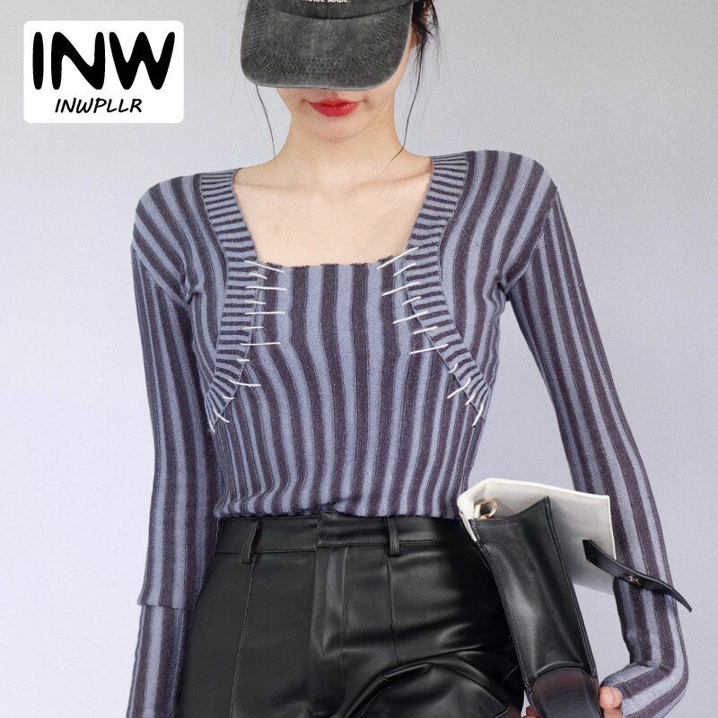 INWPLLR Design Sense Striped Tops Newest Square Collar Knit Shirts