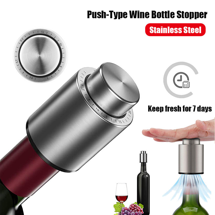 Stainless Steel Wine Bottle Stopper Push-Type Vacuum Red Wine Cap Bottle Cover Kitchen Barware Bar Tools Fresh Keeper Sealer