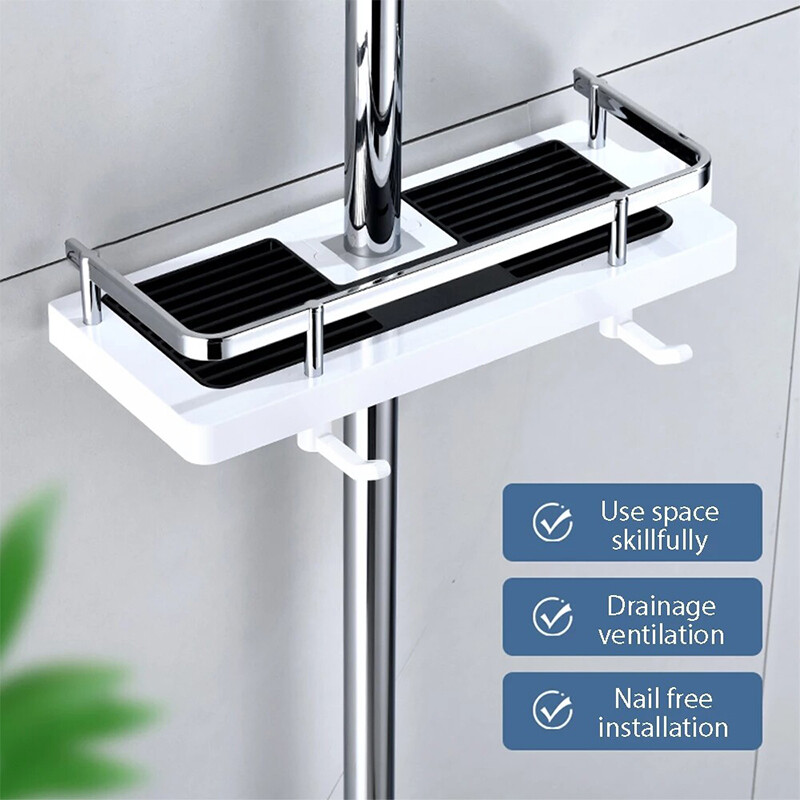Bathroom Pole Shelf Shower Storage Rack Organizer Bathroom Shelves Shower Shampoo Tray No Punching Shower Rack Shower Head Holder with Hooks