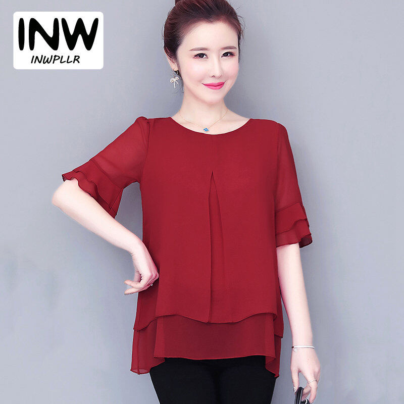 INWPLLR Orange Shirts Women Blouse Large Size Women Tops Summer Chiffon Blouses Women Casual Women's Short Sleeve Shirt